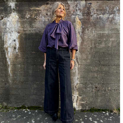 Knytblus Birgitta blå-rutig